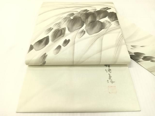平和屋着物●東京友禅　熊谷好博子　塩瀬　九寸名古屋帯　手描き　草花文　金彩　正絹　逸品　CABH4552vp