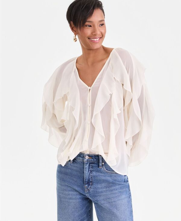 アイエヌシー インターナショナル コンセプト レディース トップス シャツ フリル ブラウス 長袖 INC International Concepts Womens LongSleeve Ruffled Blouse Vintage Cream クリーム
