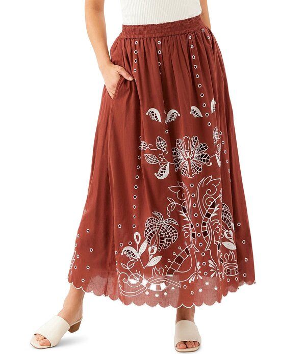カレンケーン レディース ボトムスカート カットアウト プチ コットン Karen Kane Petite Size Cotton Voile CutOut Embroidery PullOn Flare Skirt Chocolate チョコレート