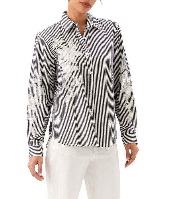 カレンケーン レディース トップス シャツ フラワー柄 フラワー Karen Kane Woven Yarn Dye Stripe Floral Embroider Point Collar Long Sleeve Button Front Shirt Bla