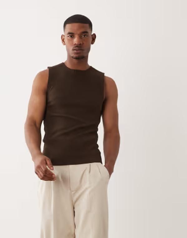 エイソス メンズ トップス ベスト ヘンリーネック ASOS DESIGN muscle fitank withenley neck in dark brown rib Demitasse ブラウン