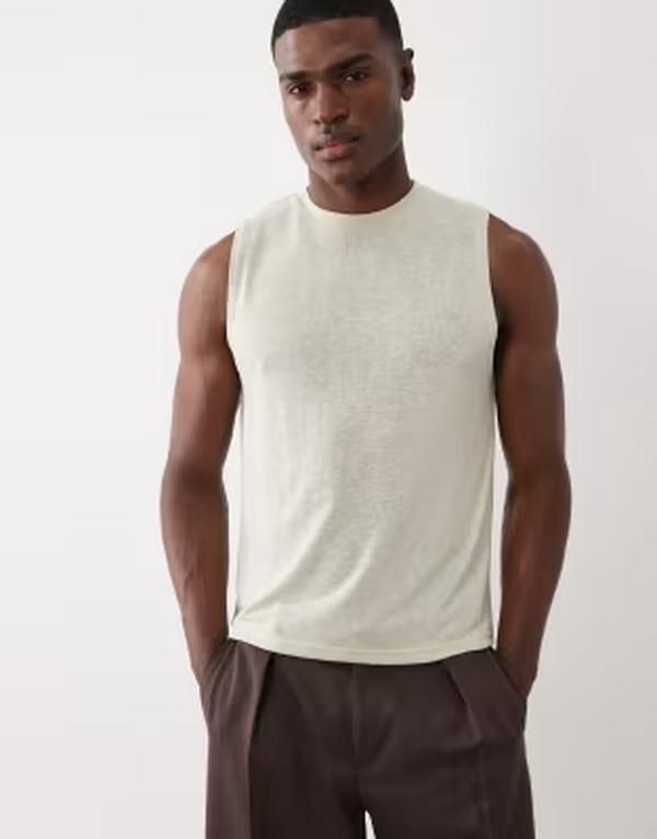 エイソス メンズ トップス ベスト レギュラーフィット リネン ASOS DESIGN boxy regular fit linen look tank in light Pelican グリーン