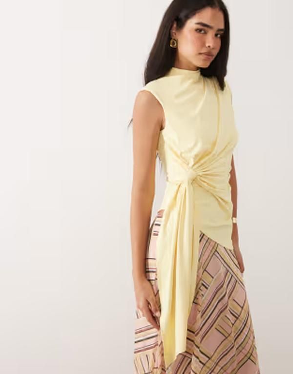 エイソス レディース トップス シャツ タイディテール ノースリーブ ASOS DESIGN grown oneck sleeveless top with tie detail in lemon