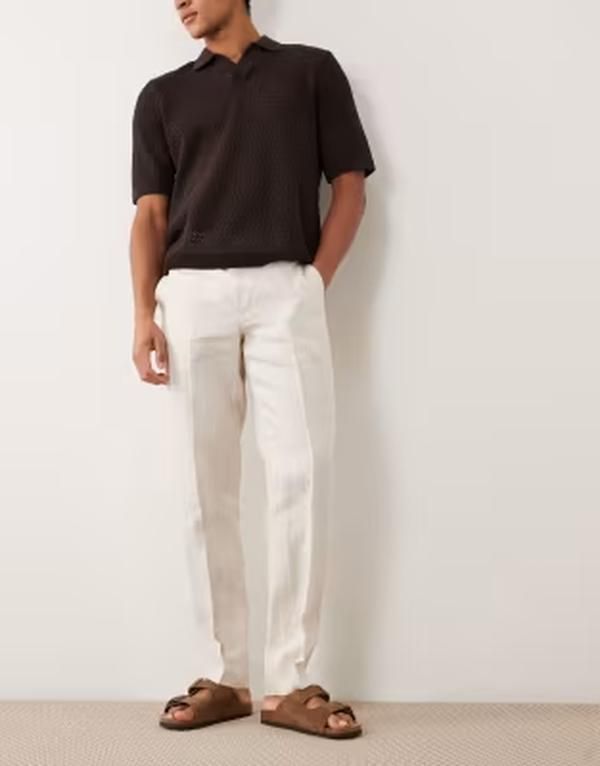 マンゴ メンズ ボトムス カジュアルパンツ スリムフィット リネン Mango Amalfi 100 linen slim fit suit pants in ecru part of a set ECRU エクリュ