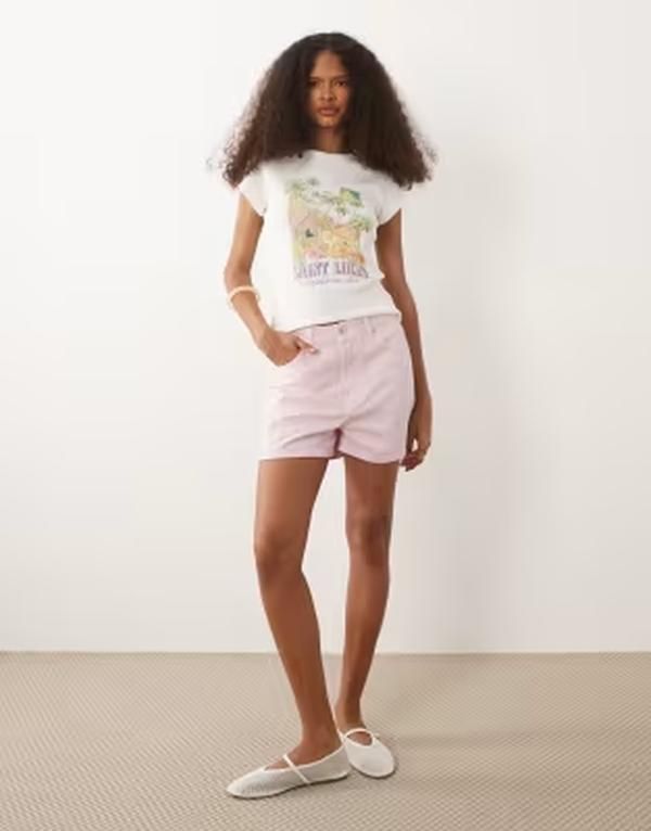 エイソス レディース ボトムス ハーフパンツ・ショーツ ショートパンツ デニム ASOS DESIGN high rise denim shorts PINK ピンク