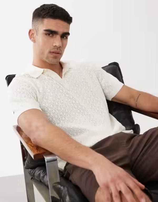 スリードベア メンズ トップス ポロシャツ ニット Threadbare open knit short sleeve polo top in ecru エクリュ