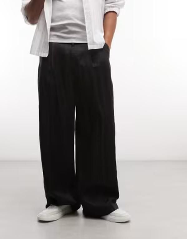 ウィークデイ メンズ ボトムス カジュアルパンツ ワイドレッグ リネン Weekday linen mix wide leg tailored pants with front pleats Black ブラック
