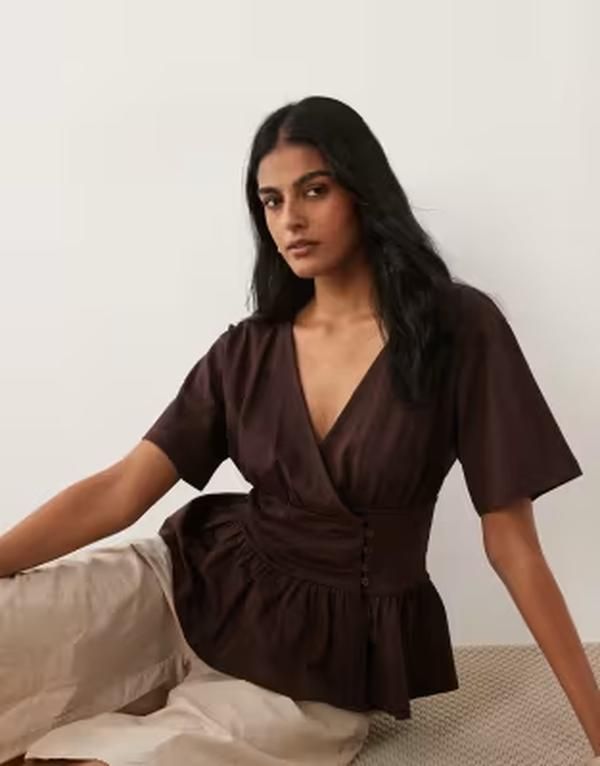 エイソス レディース トップス Tシャツ ウエストマーク ASOS DESIGN cinched waist wrap top in chocolate BROWN ブラウン