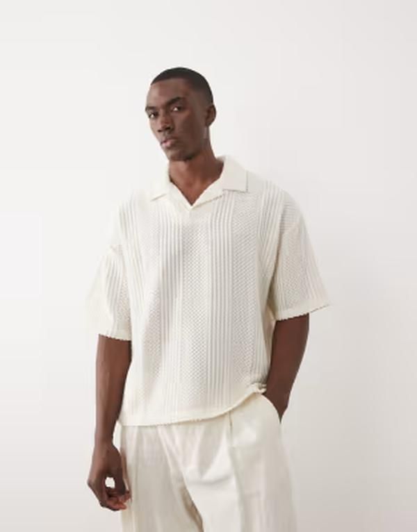 エイソス メンズ トップス ポロシャツ ASOS DESIGN boxy oversized polo in cream textured fabricoconut milk クリーム 10,860円