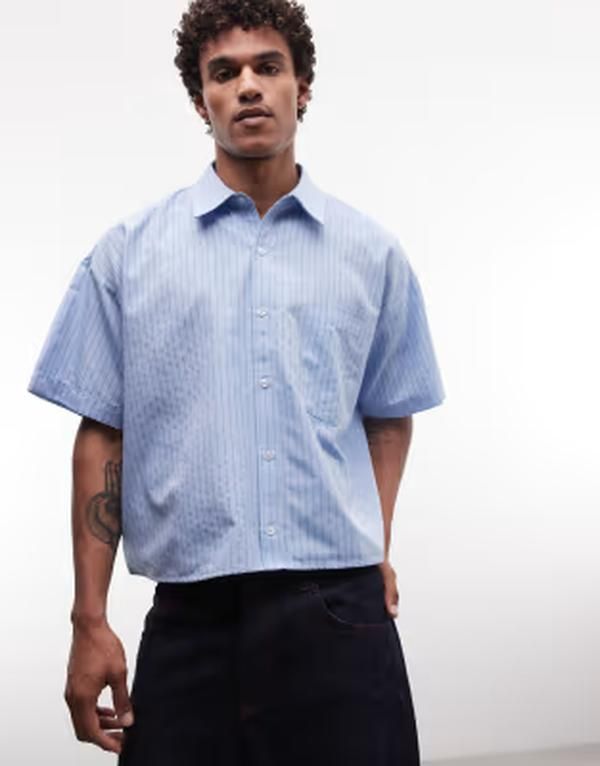 リクレイム ヴィンテージ メンズ トップス シャツ Reclaimed Vintage short sleeve boxy shirt in washed blue stripe WASH BLUE STRIPE ブルー