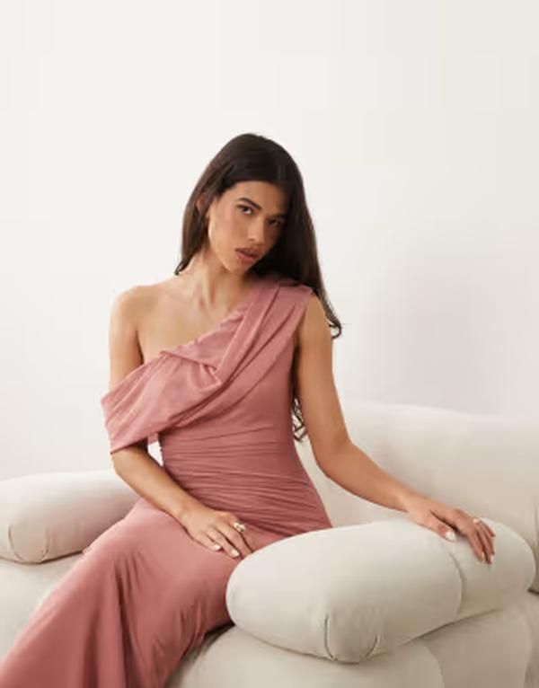 エイソス レディース トップス ワンピース ドレープ メッシュ マキシ ASOS DESIGN mesh off shoulder drape maxi dress with ruching detailing PINK ピンク