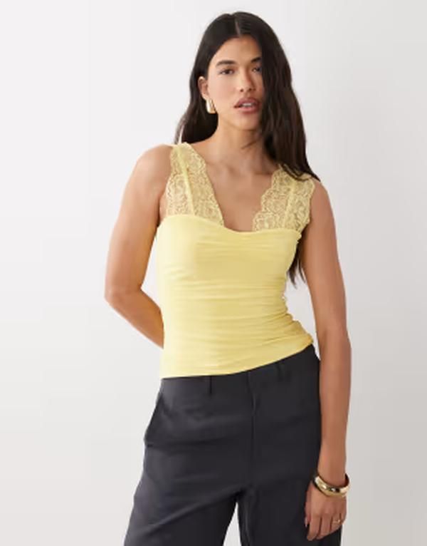 エイソス レディース トップス Tシャツ レース ASOS DESIGN lace detail top in yellow イエロー 9,865円