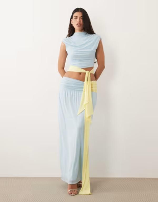 エイソス レディース ボトムスカート メッシュ マキシ ASOS DESIGN mesh color block maxi skirt with sash part of a set blue ブルー