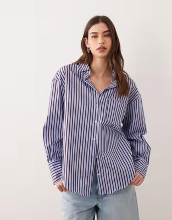 マンゴ レディース トップス シャツ コットン Mango cotton mix shirt and burgundy stripes BLUE ブルー