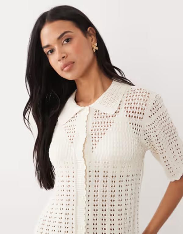 ジェイディーワイ レディース アウター カーディガン JDY short sleeve crochet cardigan in cream クリーム