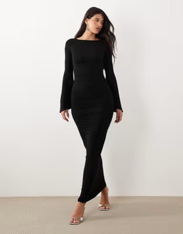 エイソス レディース トップス ワンピース ギャザー マキシ ASOS DESIGN waterfall sleeve ruched maxi dress Black ブラック