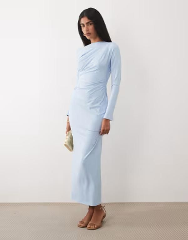 エイソス レディース トップス ワンピース アシンメトリー ドレープ マキシ ASOS DESIGN asymmetric drape slash neck maxi dress Blue ブルー