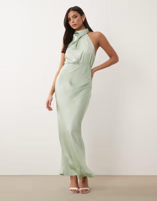 ヴィラ レディース トップス ワンピース ハイネック サテン マキシ VILA high neck satin maxi dress in sage Smoke green スモーク