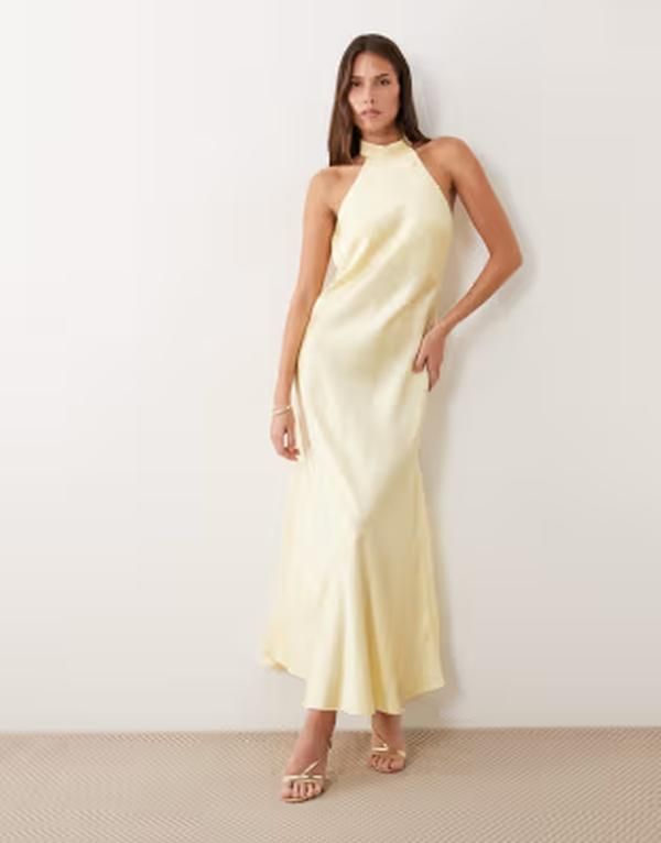 ヴィラ レディース トップス ワンピース 背中開き サテン マキシ ホルター VILA halterneck backlessatin maxi dress in pastel yellow Pastel Yellow イエロー
