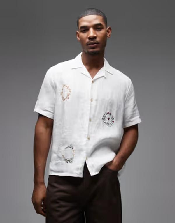 オールセインツ メンズ トップス シャツ 刺繍 リネン AllSaints Deck short sleeve linen embroidered shirt in ecru エクリュ