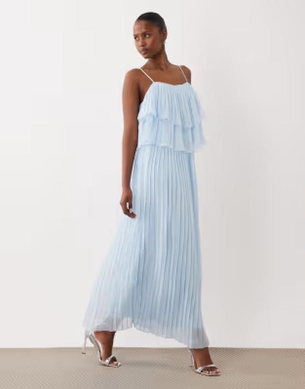 ヴィラ レディース トップス ワンピース プリーツ フリル マキシ VILA pleated ruffled layers cami maxi dress in light Nantucket breeze ブルー