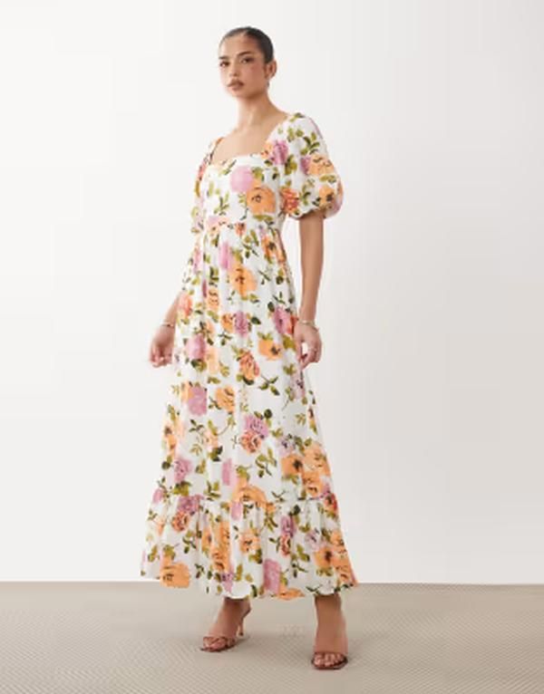 ヴィラ レディース トップス ワンピース ティアード フラワー柄 プリント マキシ フラワー VILA volume sleeve tiered maxi dress floral print Snowhite FLOLA ホワイト