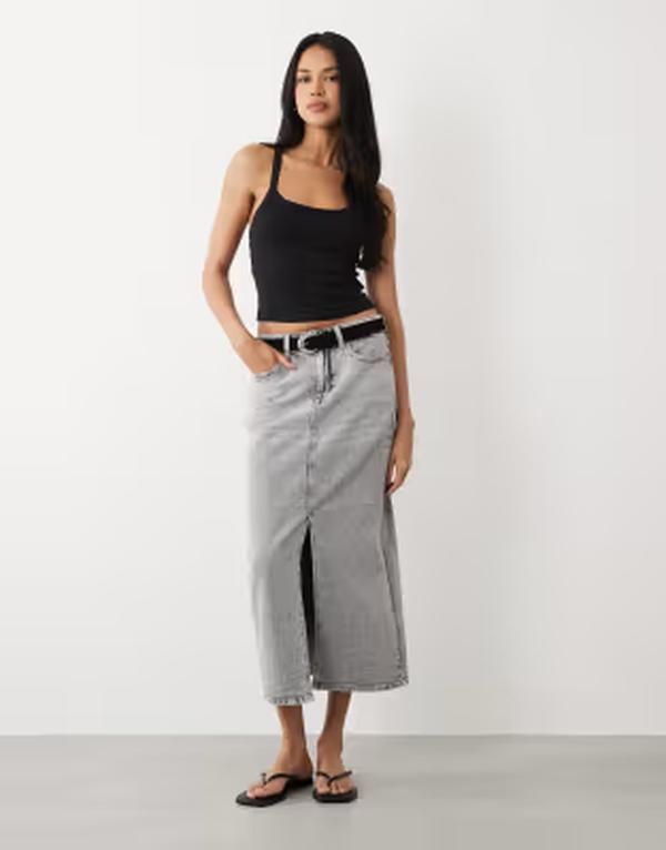 ヴィラ レディース ボトムスカート フロントスリット ミディ デニム VILA high waisted front slit denimidi skirt in light gray denim グレー