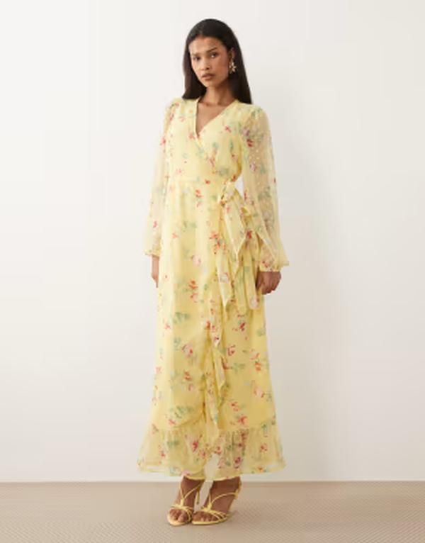 ヴィラ レディース トップス ワンピース フラワー柄 プリント マキシ フラワー VILA textured wrap maxi dress with frill detailing in pastel yellow floral print Pastel Y