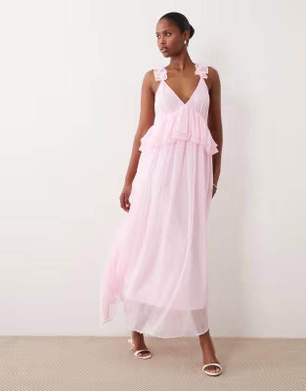 ヴィラ レディース トップス ワンピース シフォン フリル マキシ VILA ruffle strap chiffon maxi dress in cherry blossom Cherry Blossom ピンク