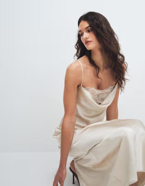 ヴィラ レディース トップス ワンピース サテン レース マキシ VILAce insert cowl neck satin cami maxi dress in cream Birch クリーム
