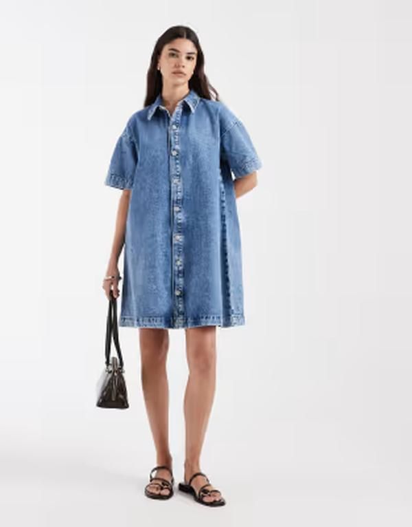 ピーシーズ レディース トップス ワンピース ミニ シャツ デニム PIECES denimini shirt dress in medium blue denim デニム