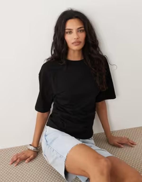 マンゴ レディース トップス Tシャツ ギャザー コットン Mango 100 cotton ruched side Tshirt Black ブラック