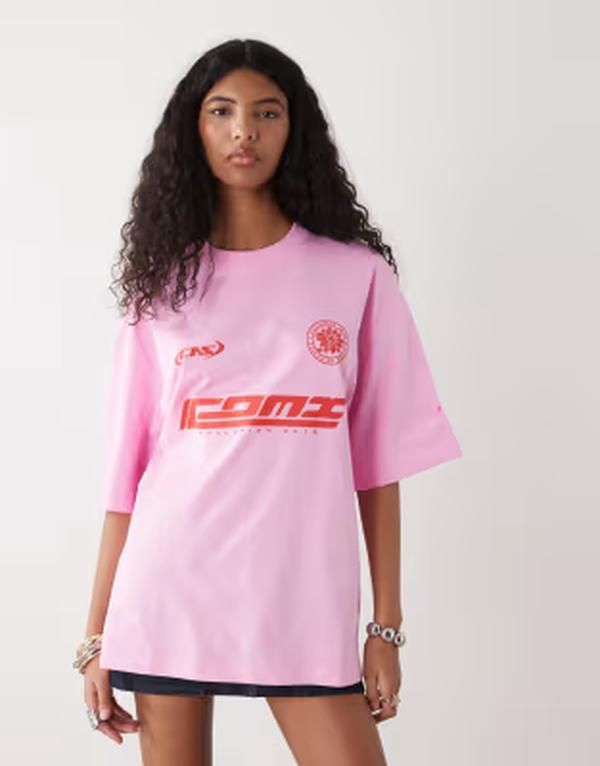コルージョン レディース トップス Tシャツ グラフィック COLLUSION oversized graphic Tshirt PINK ピンク