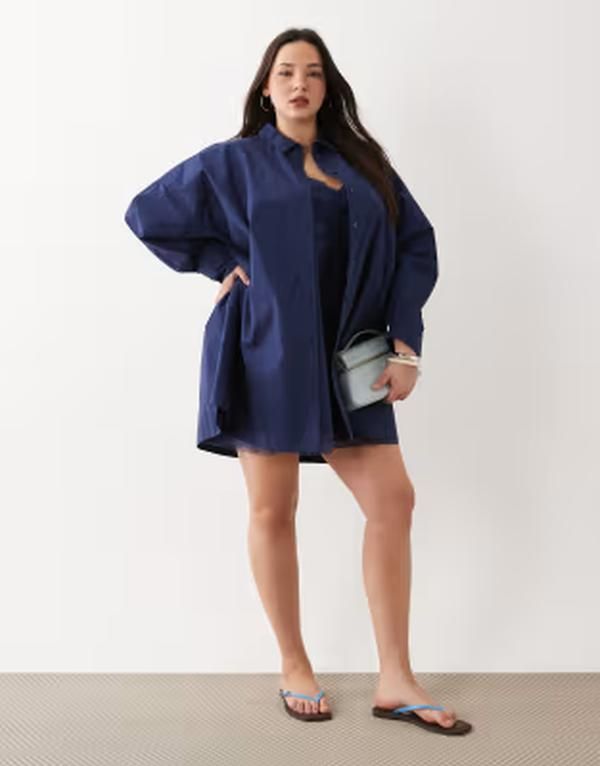 エイソス レディース トップス ワンピース シャツ リネン ASOS Curve ASOS DESIGN Curve linen look oversized shirt dress part of a set Navy ネイビー