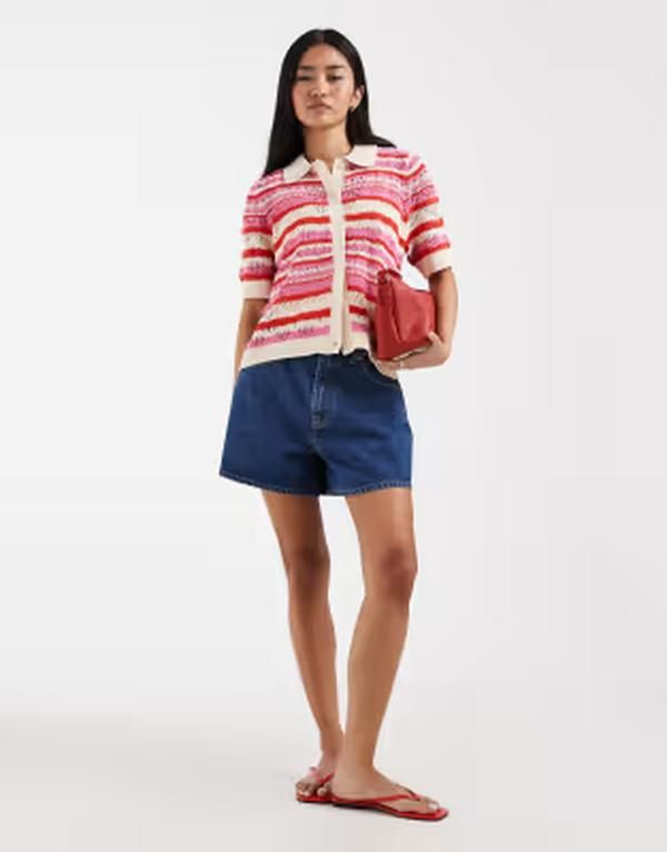 オンリー レディース アウター カーディガン ONLY short sleeve crochet cardigan pink stripe Redcherry レッド