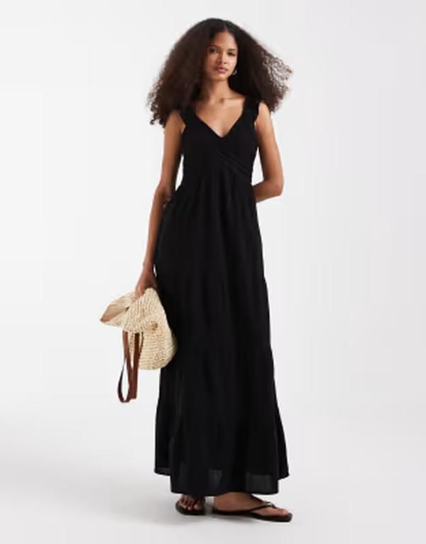 ヴェロモーダ レディース トップス ワンピース ティアード ギャザー コットン マキシ Vero Moda cotton ruched plunge frontiered maxi dress Black ブラック