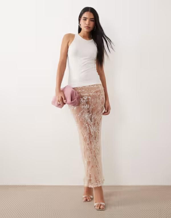 エイソス レディース ボトムスカート メッシュ シアー スパンコール マキシ ASOS DESIGN sheer sequin mesh maxi skirt Gold ゴールド