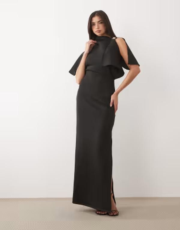 エイソス レディース トップス ワンピース ケープデザイン スキューバ キャップ ケープ マキシ ASOS DESIGN cape sleeve maxi dress with shoulder trim scubastyle fabric Black ブラッ
