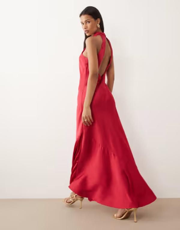 ヴィラ レディース トップス ワンピース 背中開き サテン マキシ ホルター VILA halter neck backlessatin maxi dress in bright Jazzy ピンク