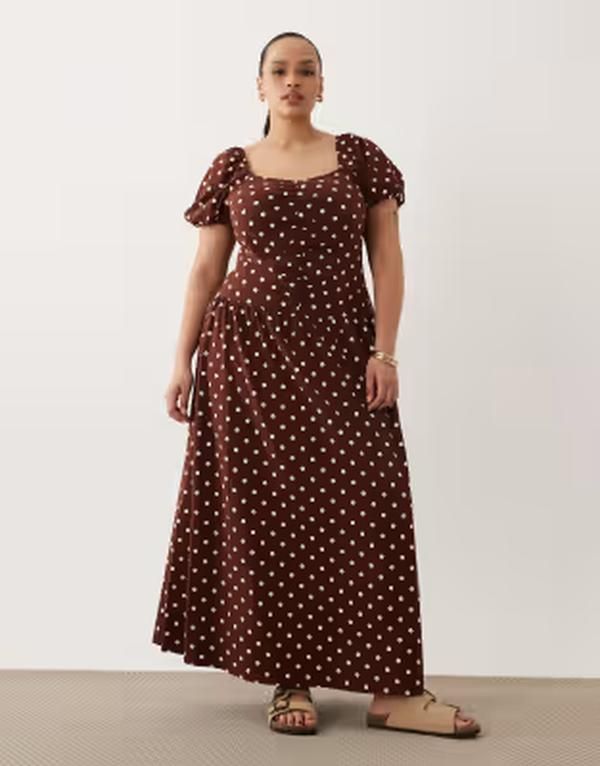 エイソス レディース トップス ワンピース ドット柄 ドット ギャザー ミディ ASOS Curve ASOS DESIGN Curve ruched front midi tea dress in chocolate polka dot Polka dot