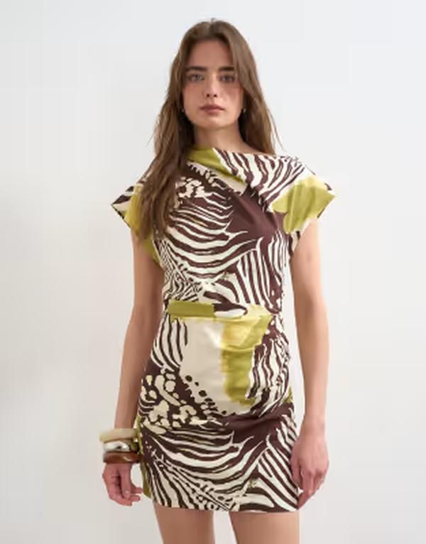 トップショップ レディース トップス ワンピース アニマル柄 アシンメトリー ドレープリント ミニ リネン Topshop linen rich drape asymmetric mini dress and brown abstract animal pri