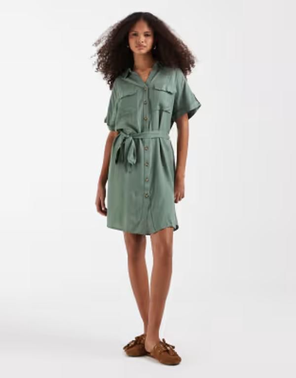 ヴェロモーダ レディース トップス ワンピース ミニ シャツ Vero Moda mini shirt dress with pockets Laurel Wreath グリーン