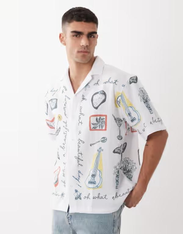 エイソス メンズ トップス シャツ プリント ASOS DESIGN oversized camp collar shirt with summer print WHITE ホワイト