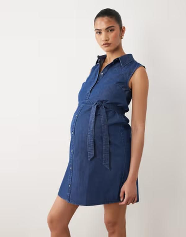 ママライシアス レディース トップス ワンピース ミニ ノースリーブ デニム マタニティ Mamalicious Mamalicious Maternity sleeveless tie waist button front denimini dress in