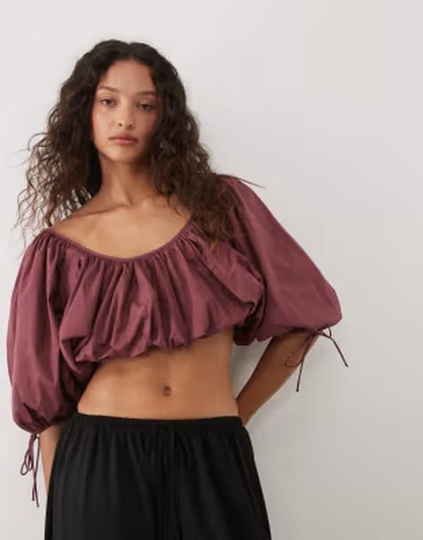 マンゴ レディース トップス シャツ バルーンスリーブ コットン クロップド Mango cotton mix cropped balloon sleeve topINK ピンク