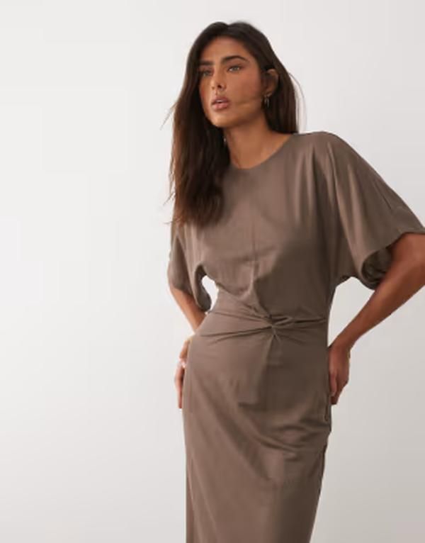 マンゴ レディース トップス ワンピース Tシャツ Mango Tshirt dress with twist detail Khaki カーキ