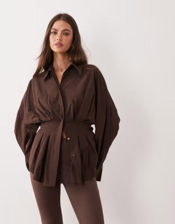 エイソス レディース トップス シャツ プリーツ ASOS DESIGN pleated waist shirt in chocolate チョコレート