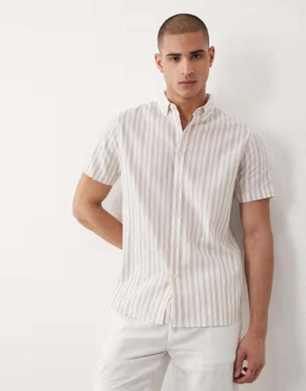 スリードベア メンズ トップス シャツ リネン Threadbare linen mix short sleeve shirt in stone and ecru stripesTONE ストーン