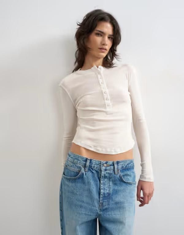 トップショップ レディース トップス Tシャツ Topshop fitted long sleeve henley top in ecru エクリュ