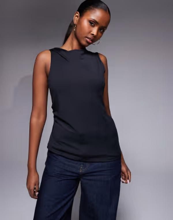 リバーアイランド レディース トップス Tシャツ River Island polyamide slash neck detail top Black ブラック